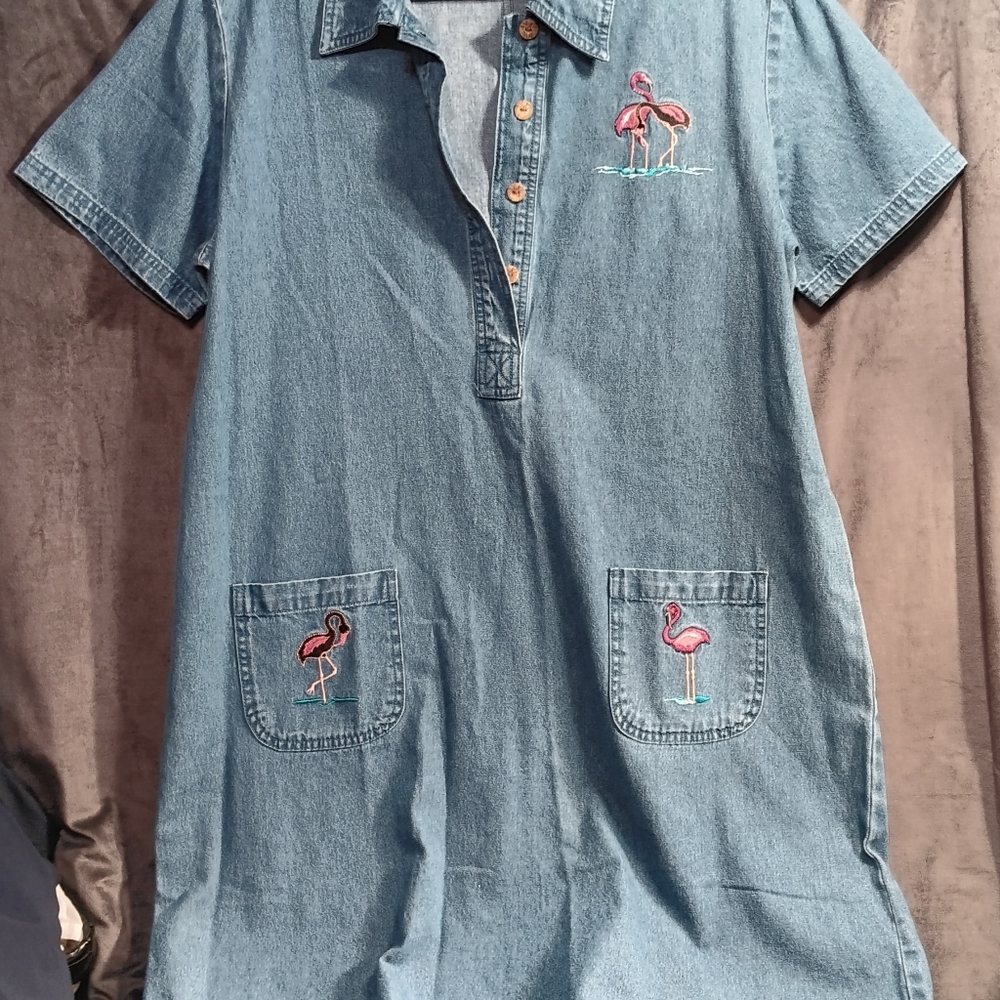 CB Beach Design Casual Blue Denim Dress Size XL Embriodered Pockets